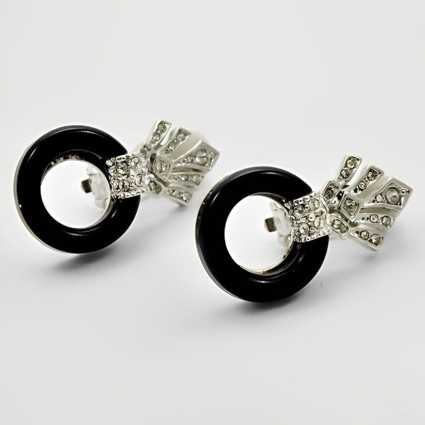 Art Deco Style Silver Plated Black Hoop and Rhinestone Earrings