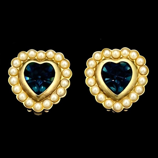 Gold Plated Blue Heart and Faux Pearl Clip On Earrings