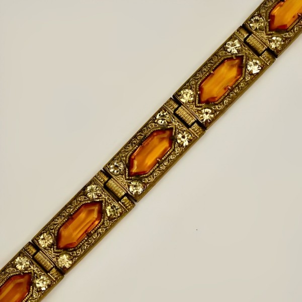 Art Deco Amber and Clear Rhinestone Ornate Link Bracelet