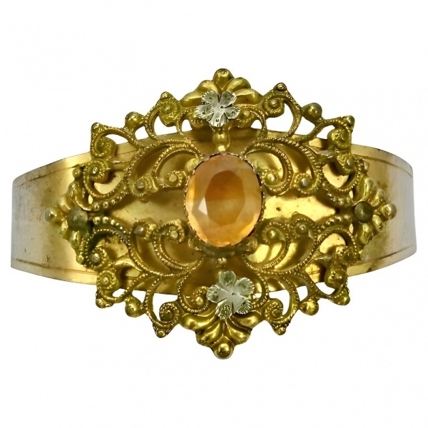 Art Deco Gold Plated Filigree and Amber Paste Stone Bracelet