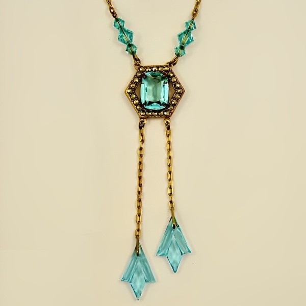Art Deco Marcasite and Aqua Blue Glass Negligee Necklace