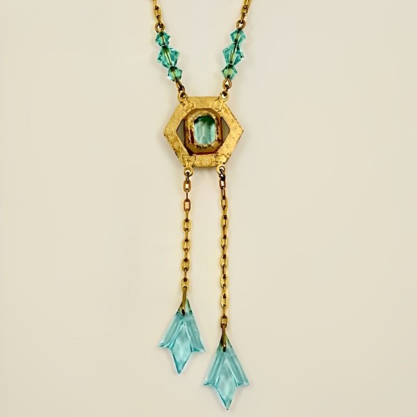 Art Deco Marcasite and Aqua Blue Glass Negligee Necklace