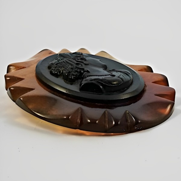 Art Deco Large Early Plastic Oval Black and Amber Cameo Brooch