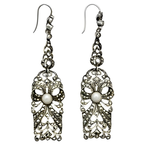 Art Deco Silver and Marcasite Earrings set with Pearls circa 1920s