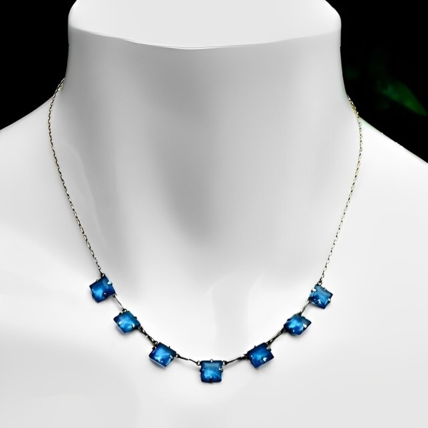 Art Deco Chain Necklace with Square Azure Blue Glass Crystals