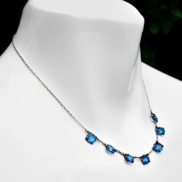 Art Deco Chain Necklace with Square Azure Blue Glass Crystals