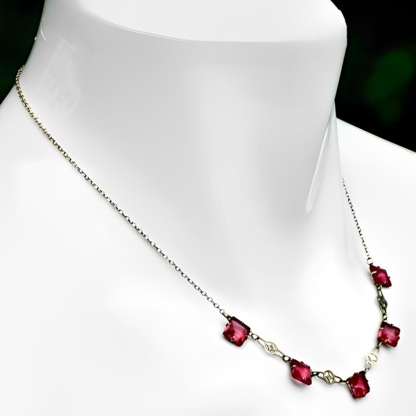 Art Deco Chain Necklace with Square Rouge Pink Glass Crystals