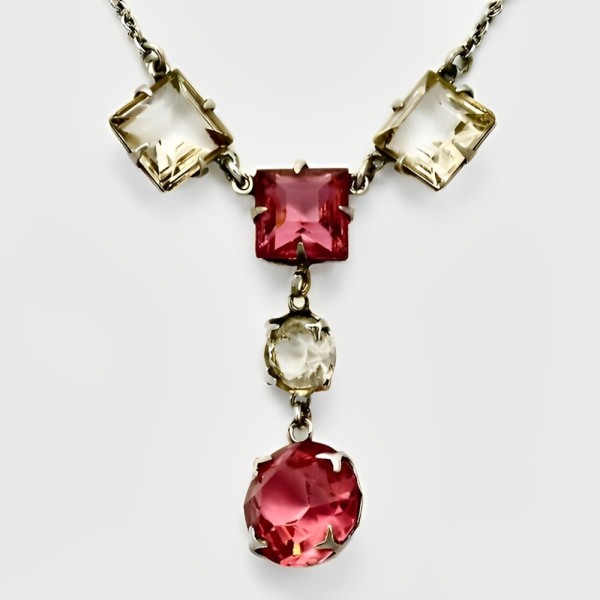 Art Deco Pendant Necklace with Rouge Pink Clear Glass Crystals