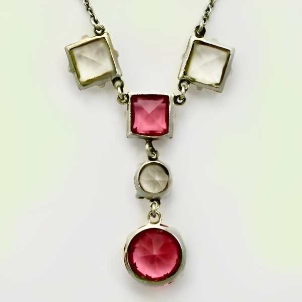 Art Deco Pendant Necklace with Rouge Pink Clear Glass Crystals