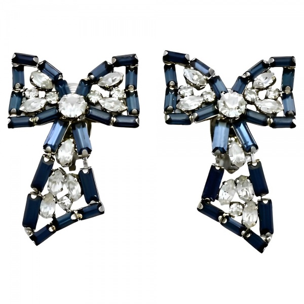 Bow Design Clip On Earrings with Clear and Mid Blue Rhinestones