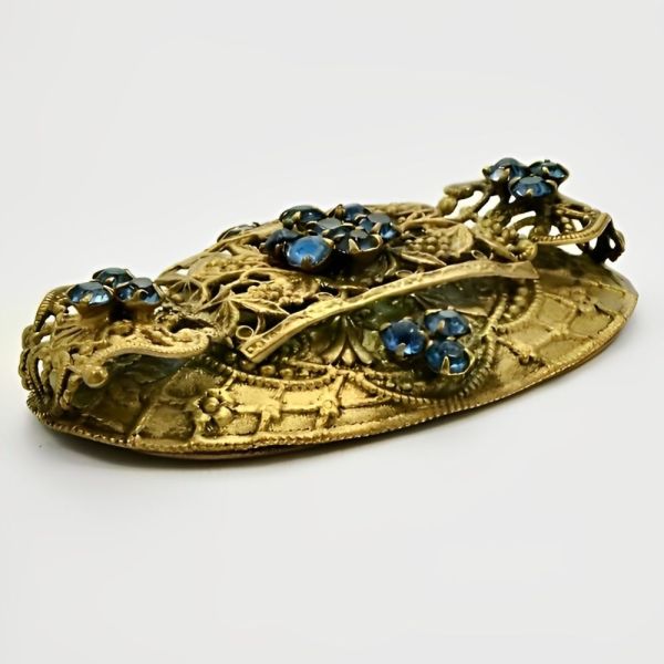 Czech Gilt Metal Floral Brooch with Blue Glass Stones circa 1930s