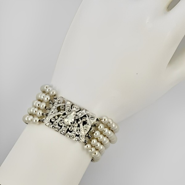 Five Strand Faux Pearl Bracelet with a Rhinestone Clasp