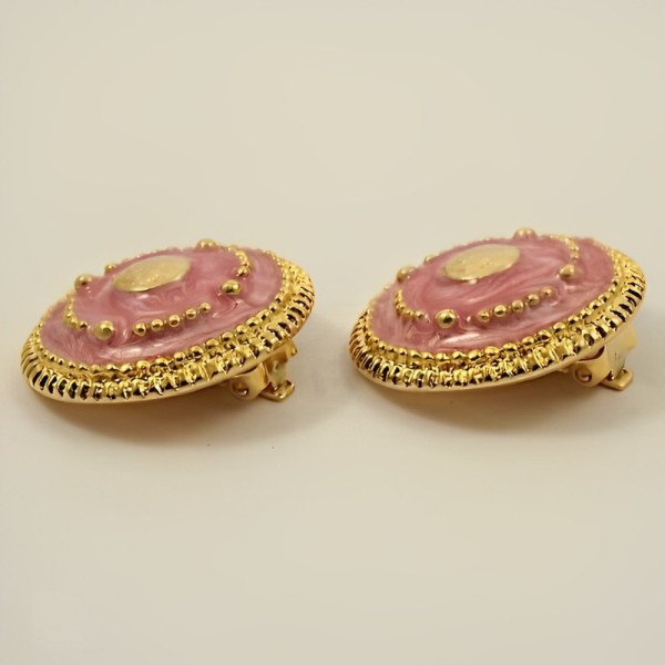 Gold Plated and Pink Enamel Clip On Earrings circa 1980s