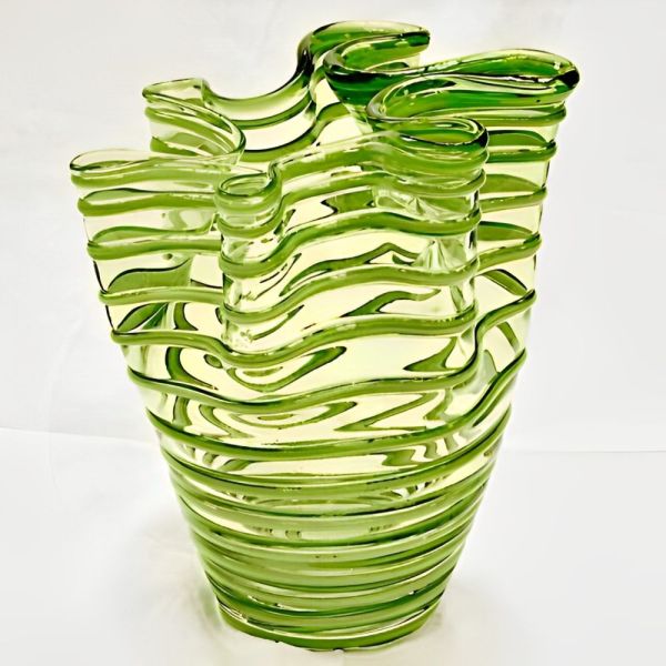Green Folded Striped Glass Handkerchief Vase, circa 1960s