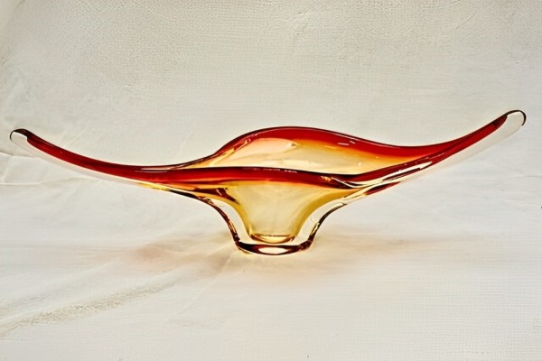 Hand Made Red Orange Yellow Clear Art Glass Bowl, circa 1960s