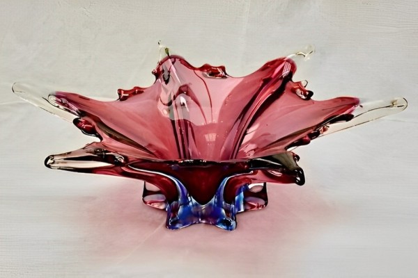 Hand Made Red Pink and Blue Art Glass Bowl circa 1950s