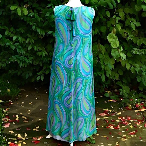 Harrods Blue Green Mauve Silk Chiffon Maxi Dress circa 1960s