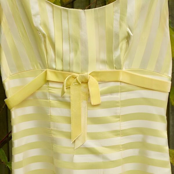 Lemon Yellow Striped Satin Maxi Dress Velvet Bow circa 1960s