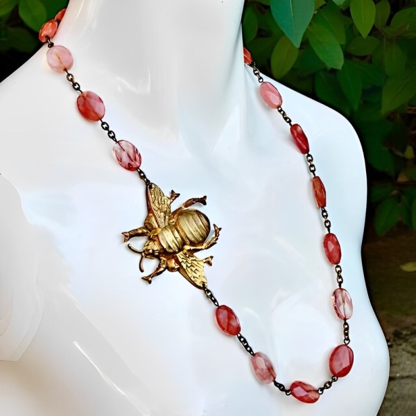 Pink Gemstone Necklace with Gold Plated Large Brass Bee