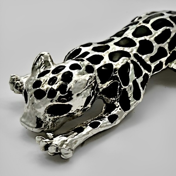 Silver Plated Black Enamel Leopard Brooch with Rhinestone Eyes