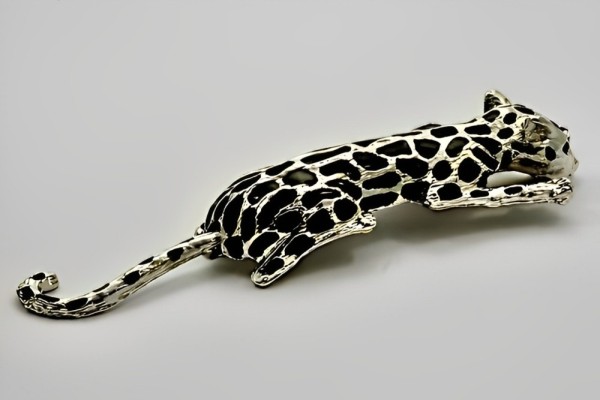 Silver Plated Black Enamel Leopard Brooch with Rhinestone Eyes