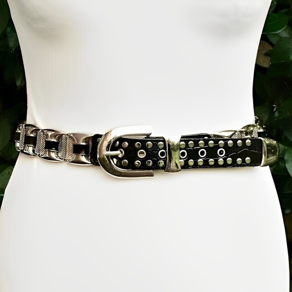 Silver Tone Black Leather and Mesh Link Belt circa 1980s