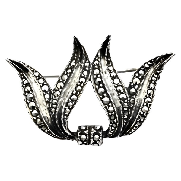Silver and Marcasite Double Leaf Brooch circa 1930s