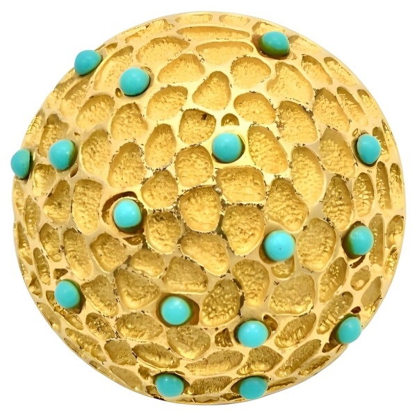 Gold Plated Faux Turquoise Glass Dome Brooch circa 1970s