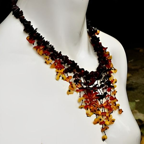 Three Colour Polished Amber Bead Drop Necklace