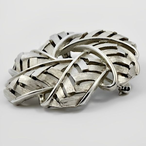 Trifari Silver Plated Brushed and Shiny Woven Brooch circa 1960s
