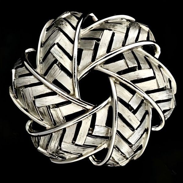 Trifari Silver Plated Brushed and Shiny Woven Brooch circa 1960s