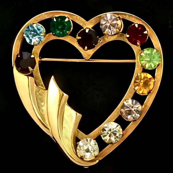 12K Gold Filled Harlequin Heart Brooch circa 1960s