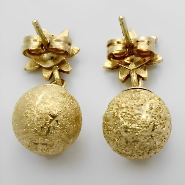 14K Gold Diamond Cut Flower and Ball Earrings