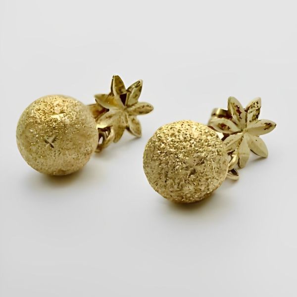 14K Gold Diamond Cut Flower and Ball Earrings