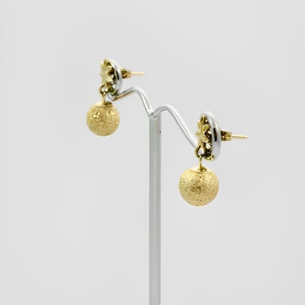 14K Gold Diamond Cut Flower and Ball Earrings