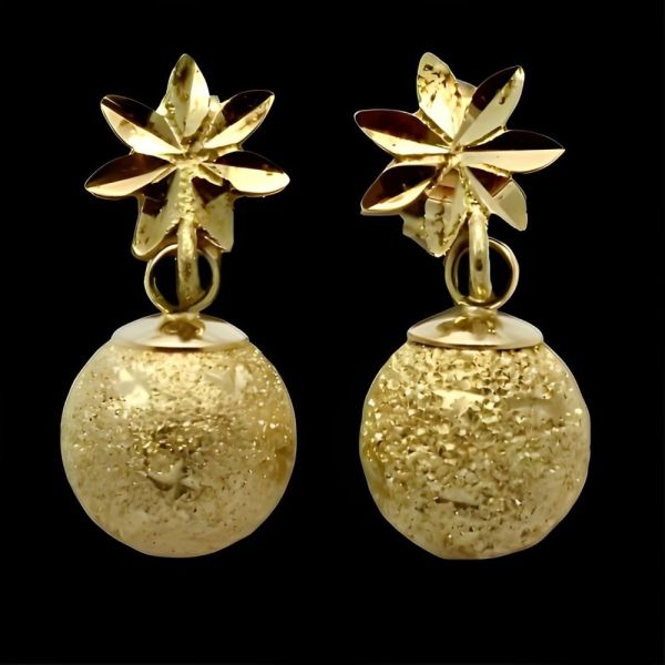 14K Gold Diamond Cut Flower and Ball Earrings