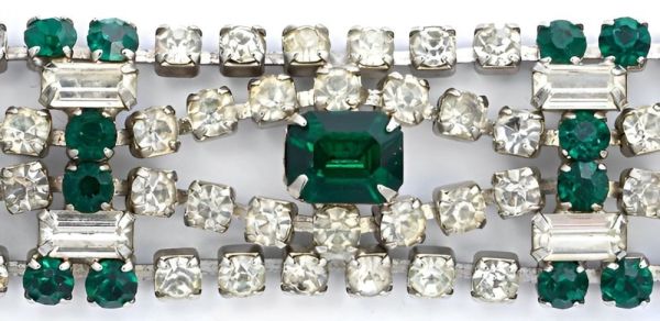 1950s Silver Tone Emerald Green and Clear Diamantes Bracelet