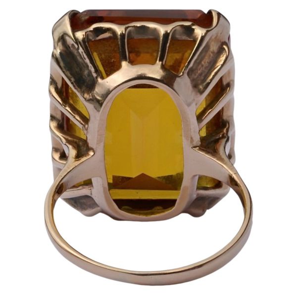 9ct Gold Emerald Cut Burnt Orange Synthetic Sapphire Ring 1960s