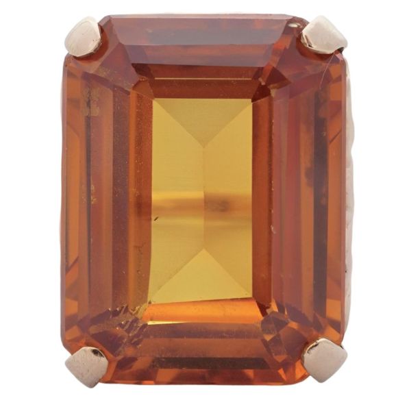 9ct Gold Emerald Cut Burnt Orange Synthetic Sapphire Ring 1960s