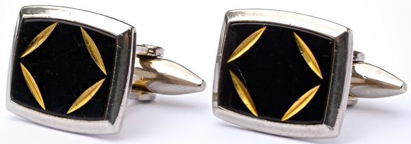 1970s Silver Tone Black and Gold Diamond Cut Cufflinks
