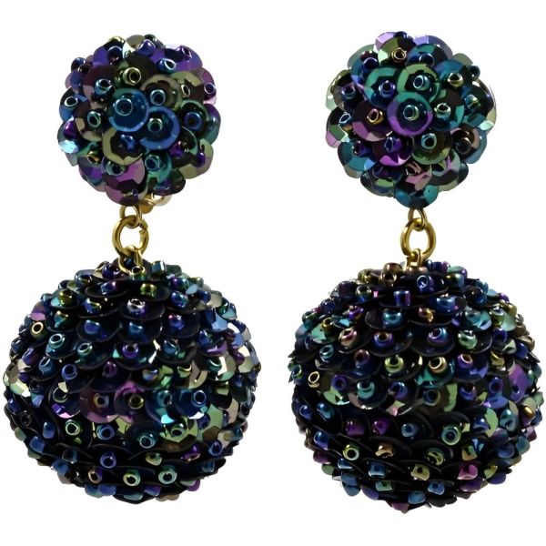 1980s Gold Tone Peacock Sequin and Bead Ball Clip On Earrings