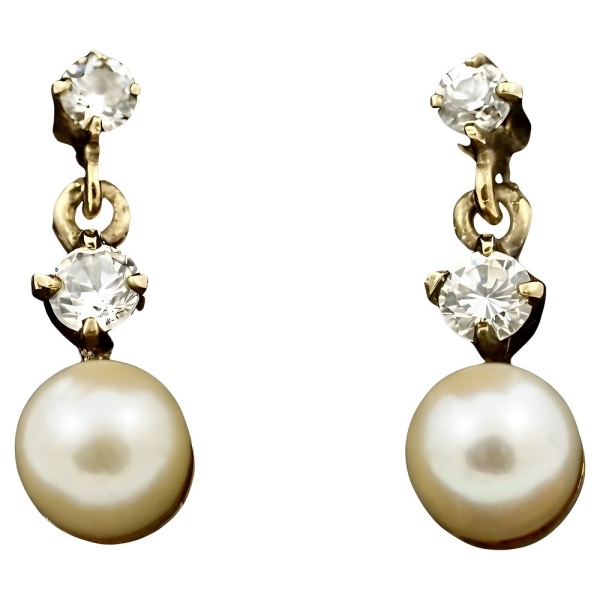 9K Gold Cream Cultured Pearl and Rhinestone Earrings