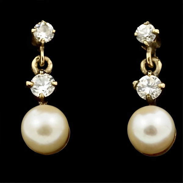 9K Gold Cream Cultured Pearl and Rhinestone Earrings