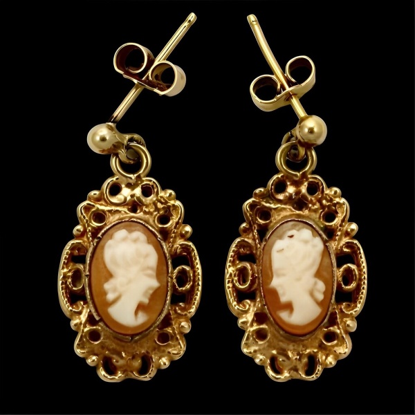 9K Rose Gold Cameo Earrings with Ornate Surround