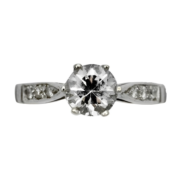 9K White Gold Solitaire Crystal Ring Diamond Shoulders