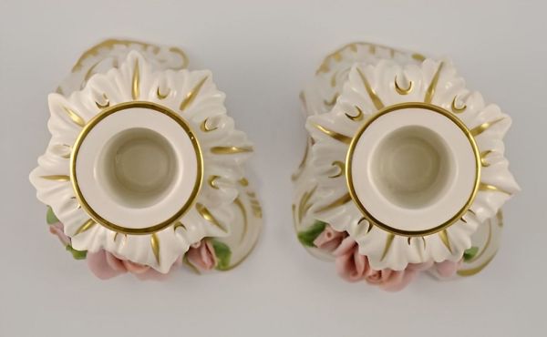 Alka Kunst Pair of Porcelain Rose Candlesticks circa 1950s