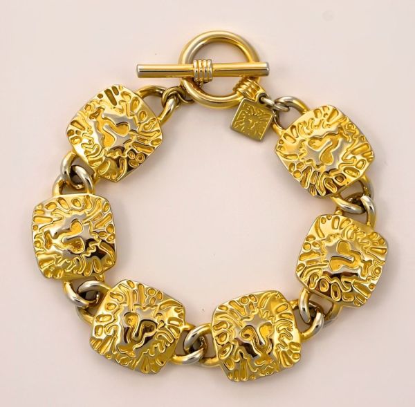 Anne Klein Gold Plated Lion Link Bracelet and Earrings circa 1980s