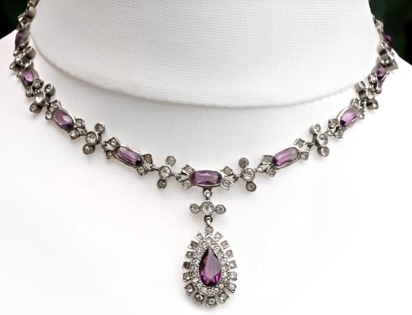 Antique Sterling Silver Lavalier Amethyst and Clear Paste Necklace
