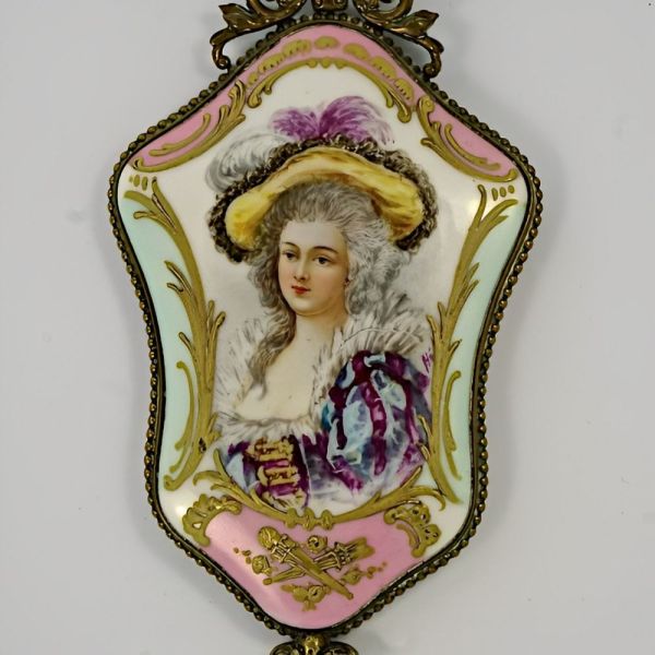 Antique Victorian Hand Painted Porcelain Gilt Hand Mirror