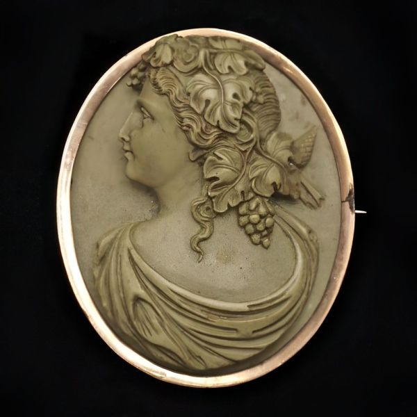 Antique Victorian Lava Cameo Brooch with a Gold Filled Setting